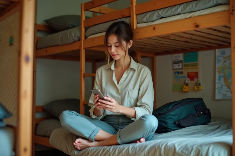 Voyageuse solo assise sur un lit de dortoir d'auberge de jeunesse, consultant une application de voyage sur son smartphone pour éviter les suppléments chambre individuelle